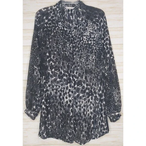 Cabi Womens Sheer Blouse Med. Black White Animal Print Button Front Long Sleeve - Picture 1 of 9